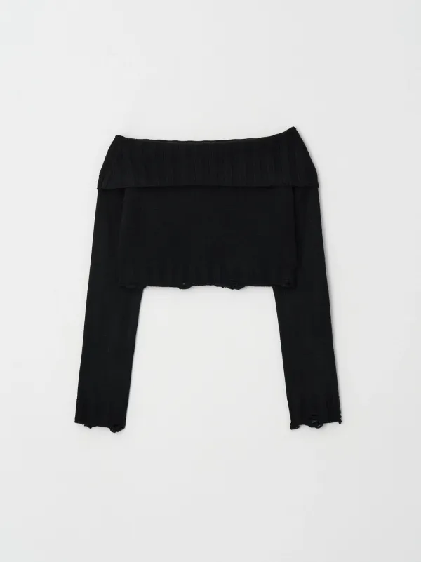 Damaged Off-shoulder Knit (Black)