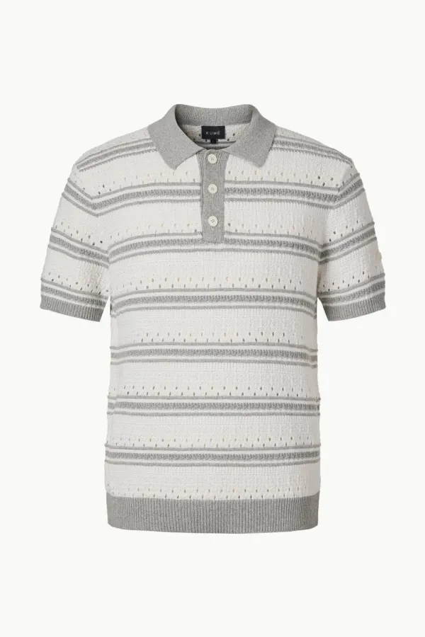 Men\'s Striped Crochet Polo Knit Top, Gray