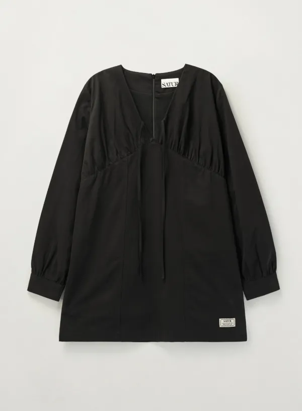 (W) Shirring Cotton One-Piece - Black