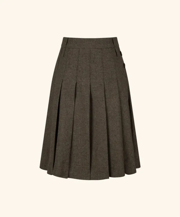 Button Midi Pleated Wool Skirt ( Brown )