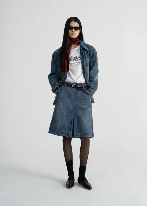 DENIM LOW-RISE SLIT SKIRT - BLUE
