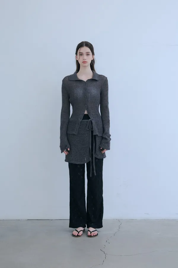 [SET]_테이프 카라 가디건+레이어드 스커트-차콜