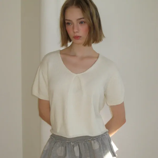 KNOT V NECK SHORT SLEEVE KNIT IVORY