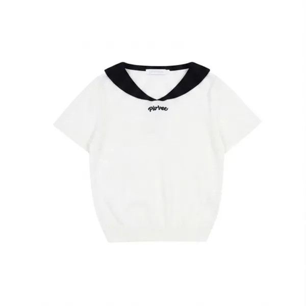 Giant Smiley Sailor Short Sleeve Knit Top (cloud white)