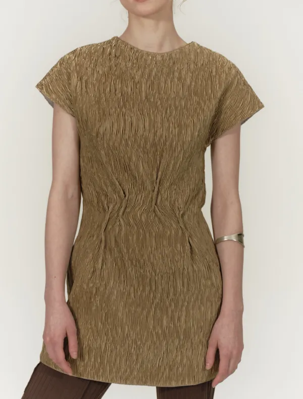 SATIN PLEATS MINI DRESS [GOLD]