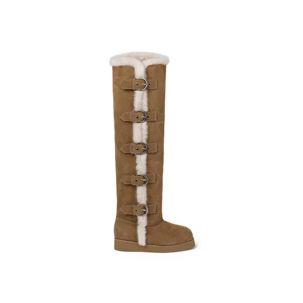 [11/11 예약배송] FUR-TRIMMED MULTI-BUCKLE THIGH-HIGH BOOTS / BROWN