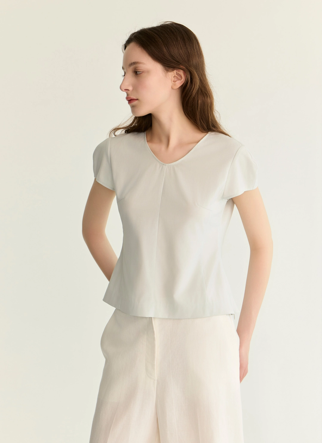 녹섭 (6차 리오더) v-neck wing blouse_mint gray 상품 이미지 1