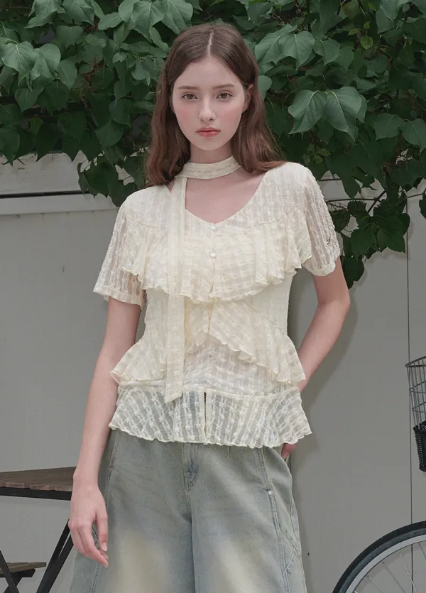  [44-120]  Vega Lace Tie Blouse  베가 레이스 타이 블라우스 (여름-타이-데일리룩-데이트룩-러블리룩-나들이룩-바캉스룩-출근룩-하객룩-페미닌-러플-레이스-자체제작) 