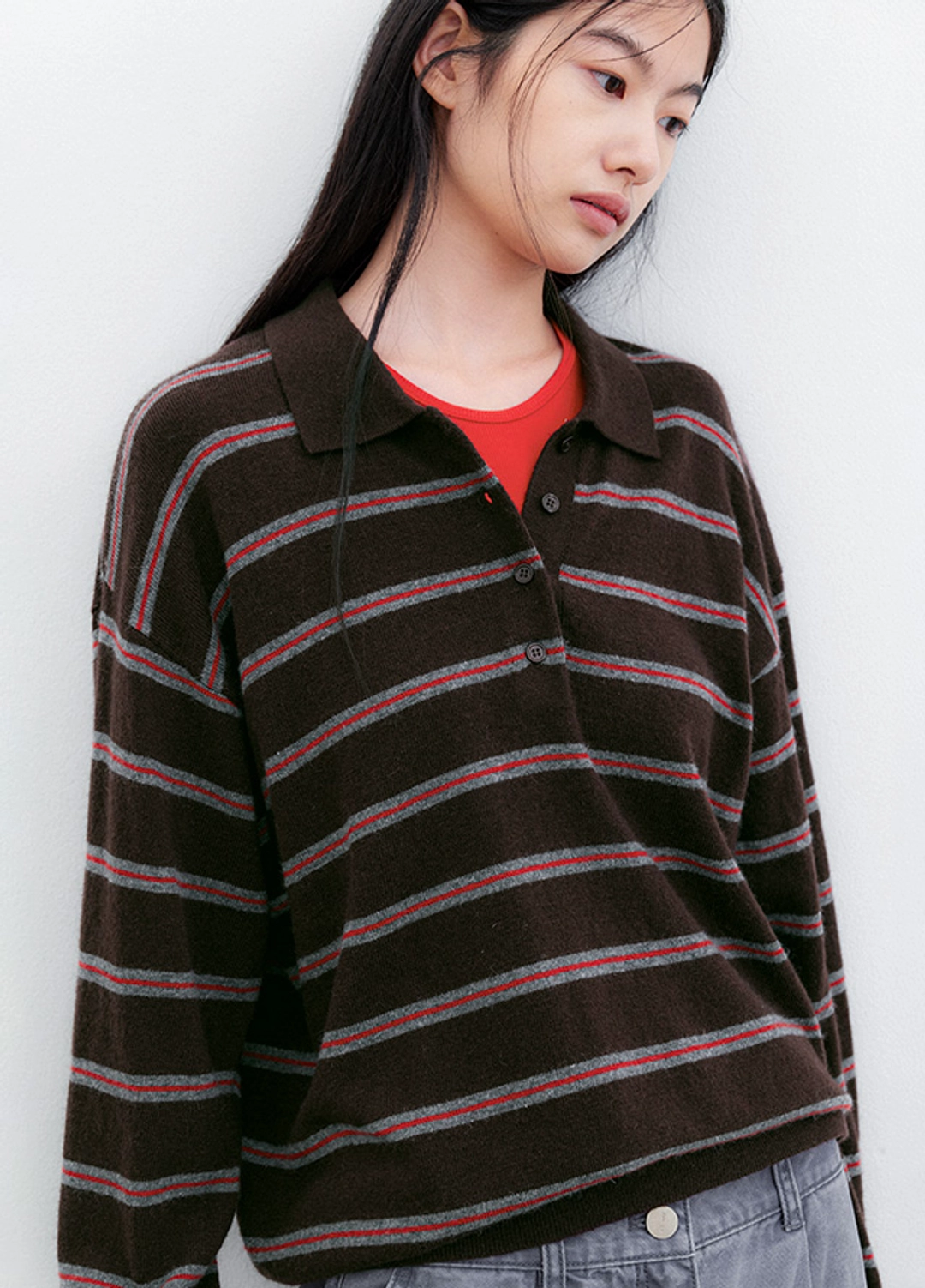 아뜰리에 나인 (T-7304)WOOL STRIPE COLLAR LOOSE FIT KNIT 상품 이미지 2