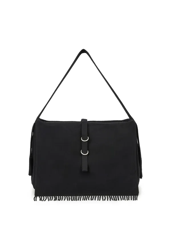 FRINGED STUD MESSENGER BAG, BLACK