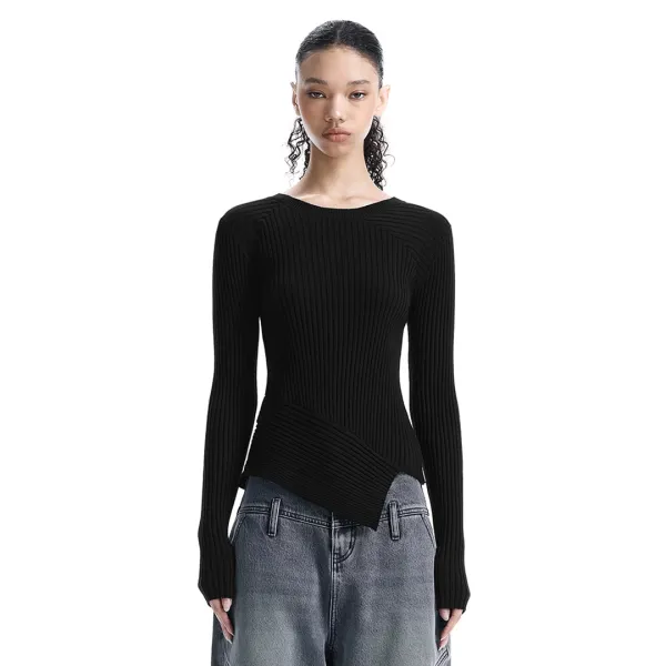 Asymmetric Ribbed Knit Top [ Black ]