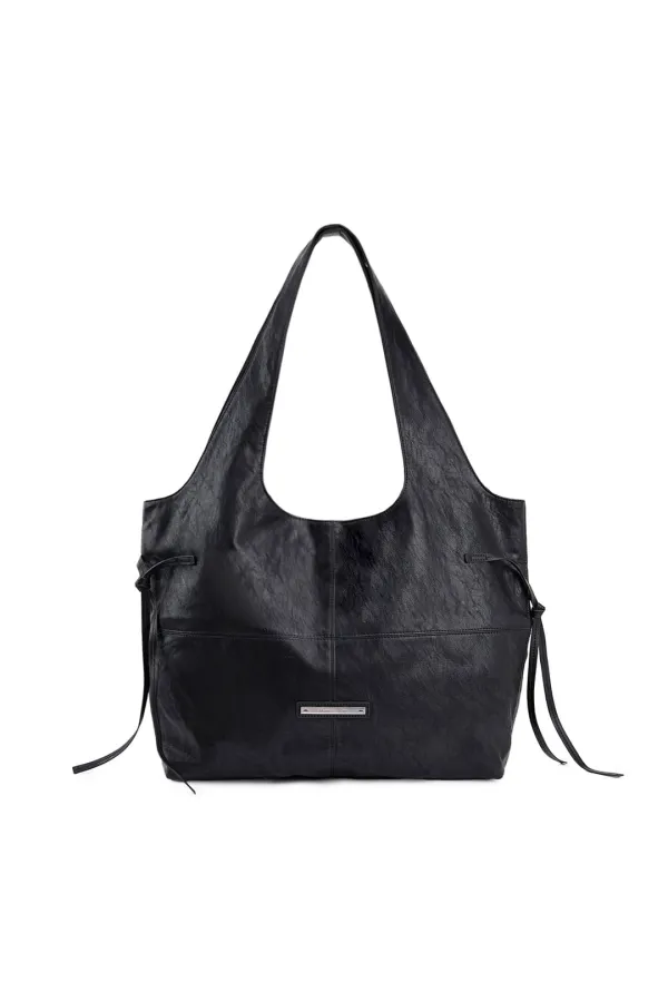 SIDE STRING LEATHER BIG SHOULDER BAG IN BLACK