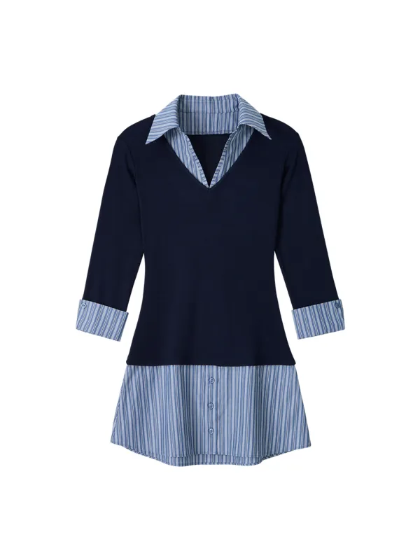 Striped Shirt Detail Jersey Dress_ Navy