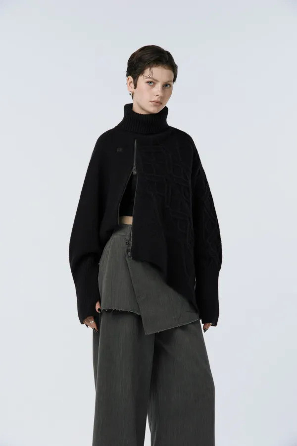 Argyle Cable Zip-up Pullover [ Black ]