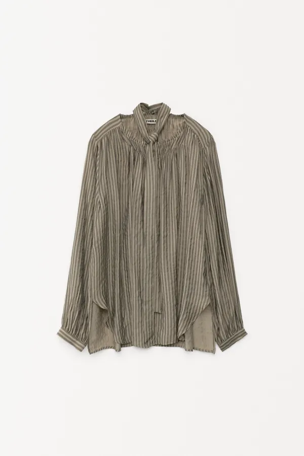 Geromme Smocking Tie Blouse khaki(stripe)
