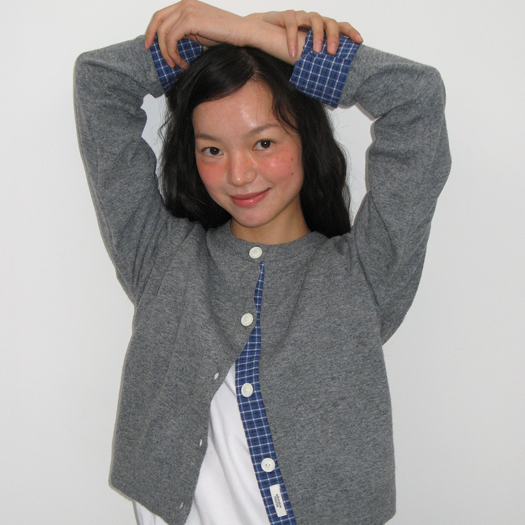 론론 CHECK SHIRT POINTED KNIT CARDIGAN GREY 상품 이미지 1