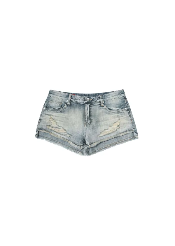 LIGHT SLUB DAMAGE SHORTS, BLUE