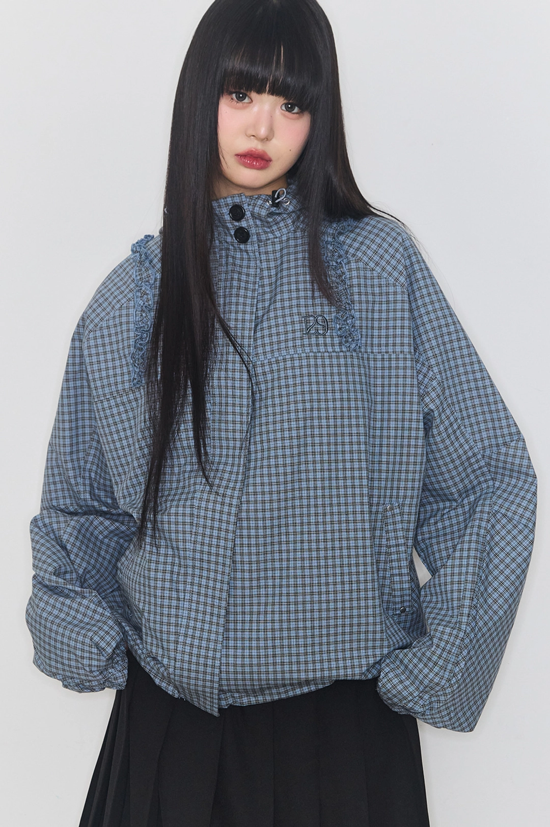일리고 [10/12 예약발송] 오블리크 프릴 후드 자켓 체크 블루 상품 이미지 2