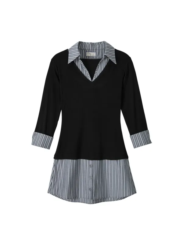 Striped Shirt Detail Jersey Dress_ Black