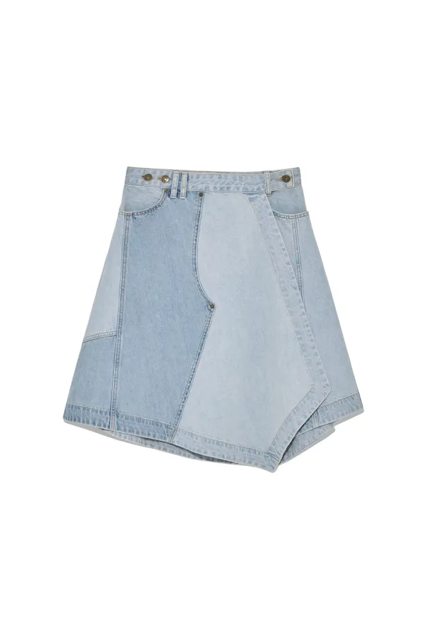 DENIM MIXED FLARE SKIRT IN LIGHT BLUE
