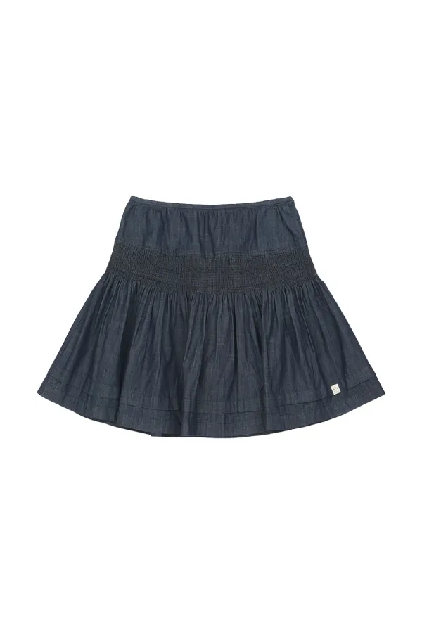 DENIM SHIRRING MIDI SKIRT, DEEP BLUE