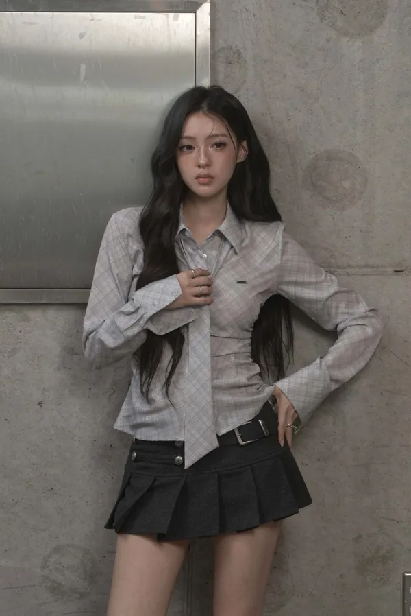 Plaid Tie Shirt (light gray)