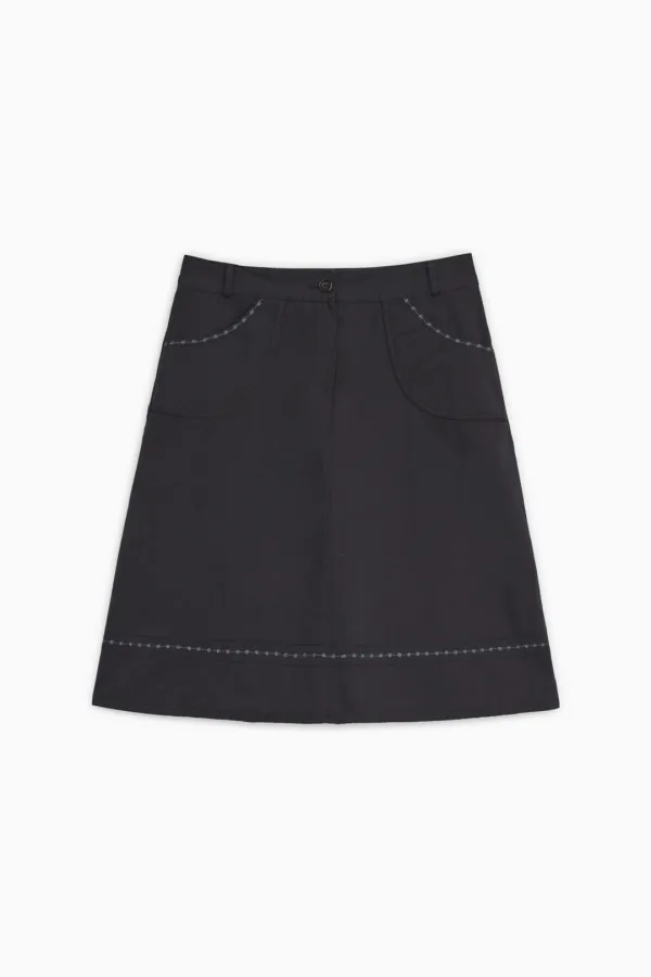 EMBROIDERY POCKET A-LINE SKIRT, NAVY