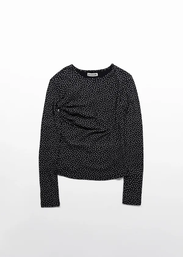 FLOWER SHIRRING COTTON LONG SLEEVE - BLACK