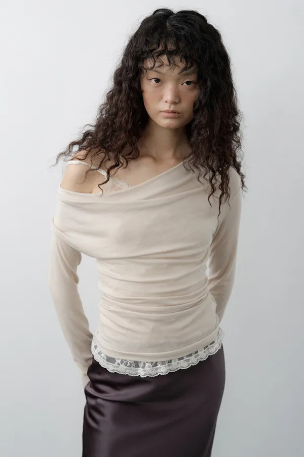 Cowl Neck Convertible-Sleeve Top (Beige)