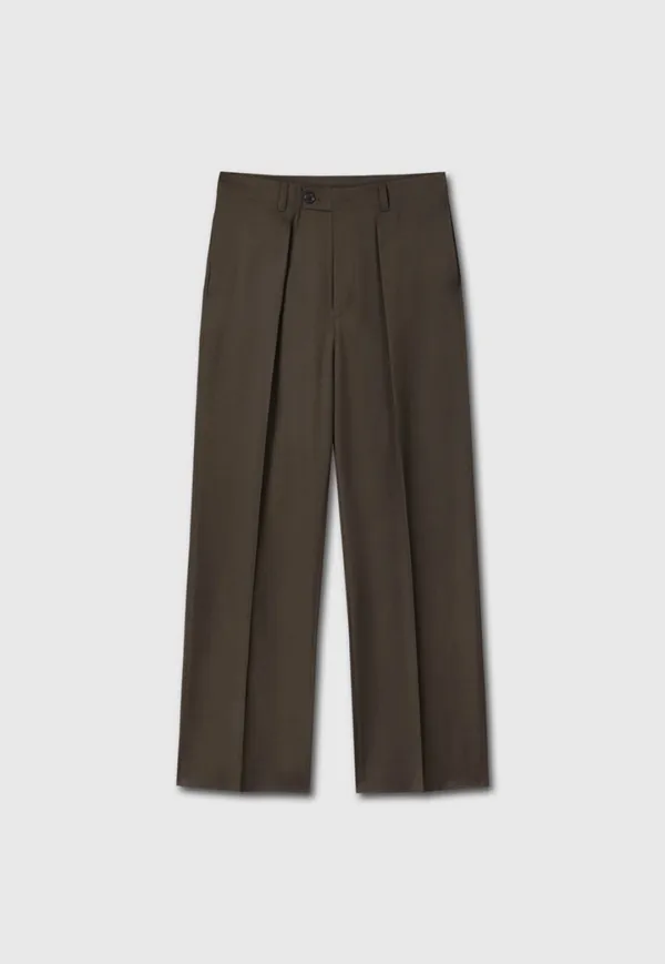Wool Twill Pleated Wide Trousers_ Brown