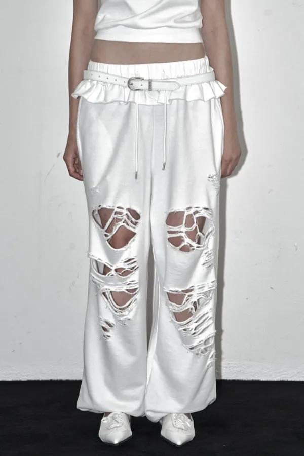 DISTRESSED FRILL SWEAT PANTS WHITE
