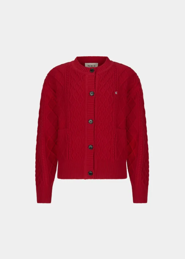 W HOLIDAY CABLE WOOL-BLEND KNIT CARDIGAN - RED