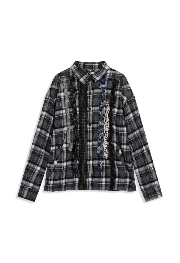 CHECKERED CRINKLE RUFFLE SHIRT, BLACK