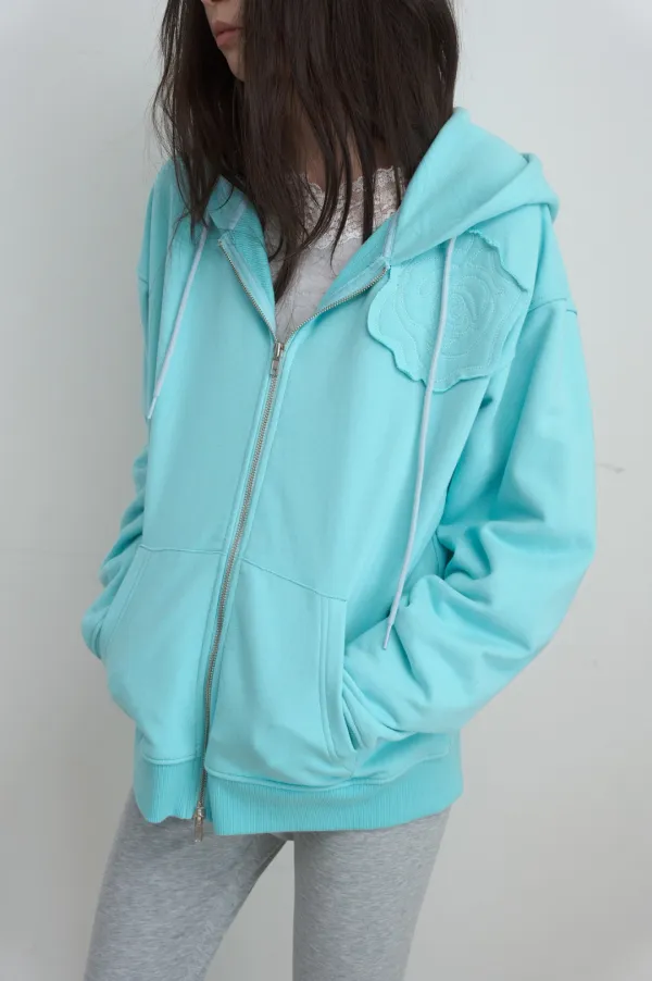ROSE APPLIQUE ZIP-UP HOODIE_MINT BLUE