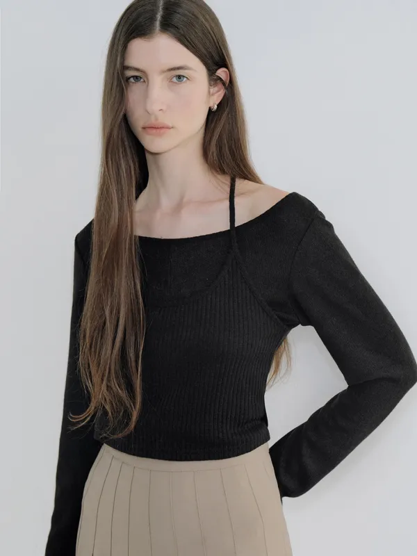 ribbed layered halterneck T-shirt (black) orc 6103