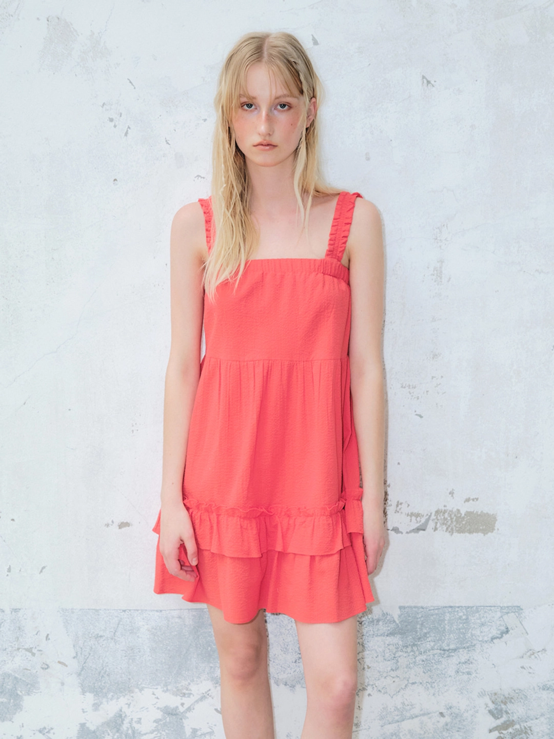 에트몽 Frill Banding Mini Dress, Red 상품 이미지 2
