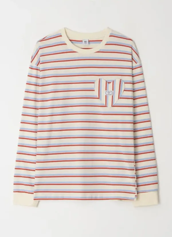 MULTI STRIPE HEART POCKET OVER FIT LONG SLEEVE T SHIRT IVORY RED