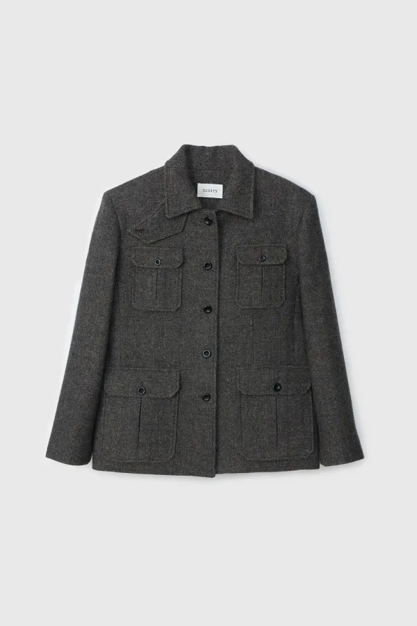 Wool Pocket Herringbone Jacket (Melange Brown)