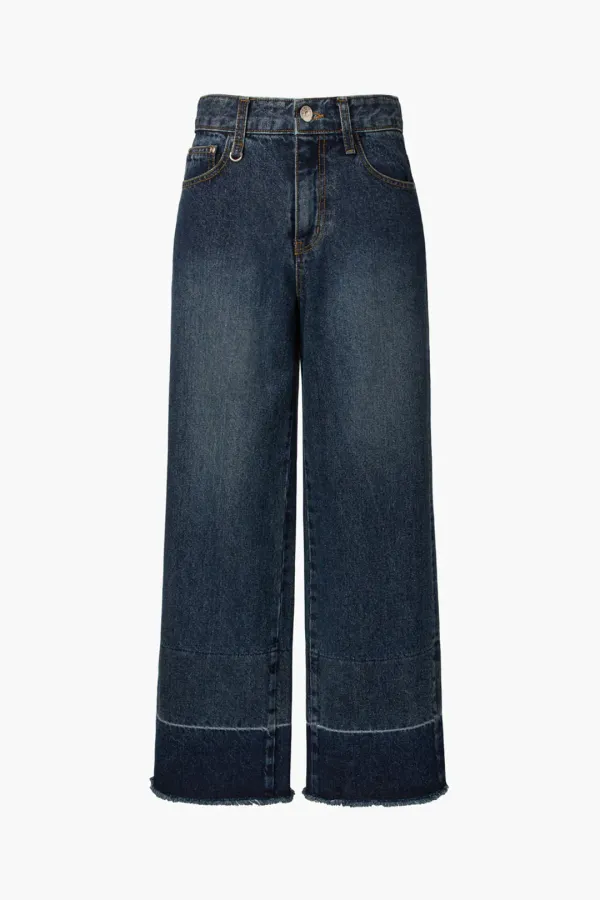 Lower Hem Washed Semi-Wide Denim Pants, Deep Blue