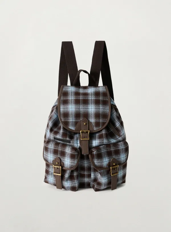 Check Pattern Pocket Bucket Backpack - Blue