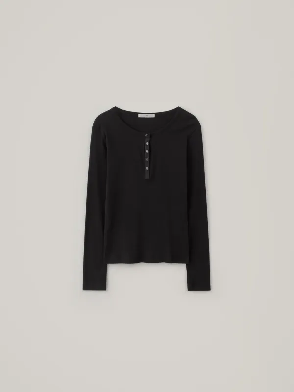 Cotton Rip Henley Top - Black