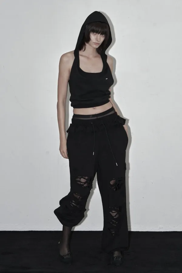 DRAPED HOODED SWEAT TOP BLACK