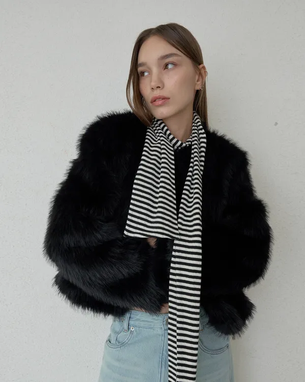EYELET VINTAGE STRIPE SCARF - BLACK