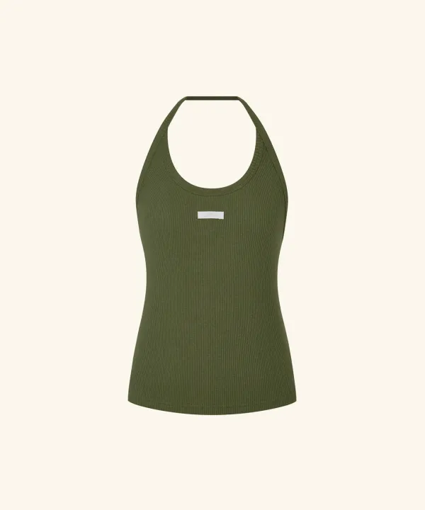 Letters Label Halterneck Top ( Olive )