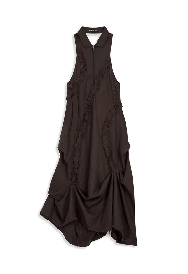 RUFFLE LINEN MAXI DRESS, BURGUNDY