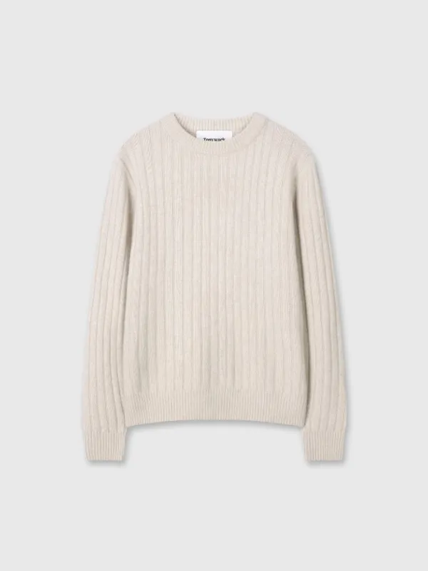 (W) SUPERFINE MERINO WOOL TUBE SCARF ATTACED RIBBED SWEATER_ ECRU