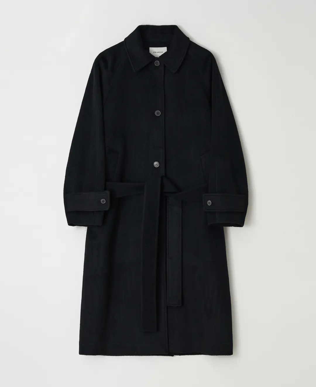 스텝어라운드 Merino Wool Balmacaan Loose Fit Belted Coat_BLACK 상품 이미지 1