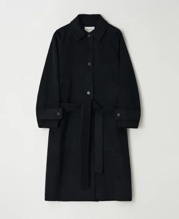 Merino Wool Balmacaan Loose Fit Belted Coat_BLACK