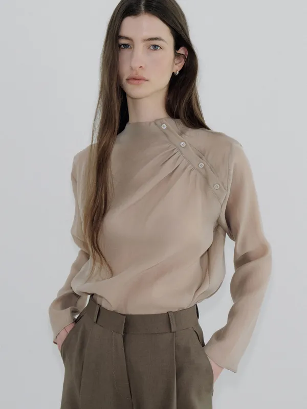 high-neck shirring blouse (mocha) orc 6112