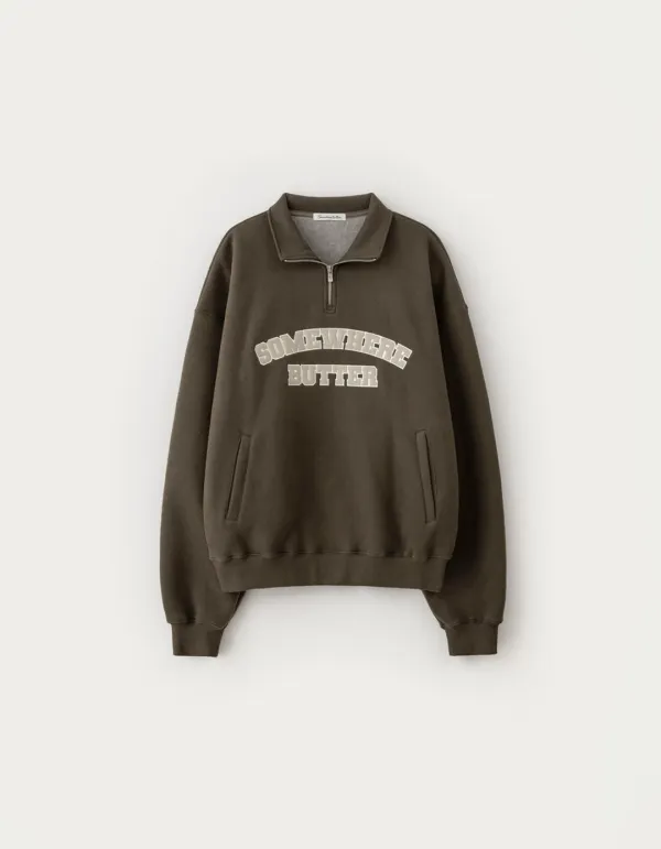 Square Logo Half Zip-Up Sweatshirt - Brown